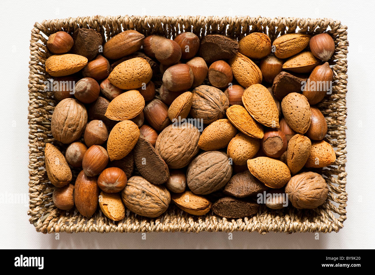 Mixed edible nuts in a basket Stock Photo
