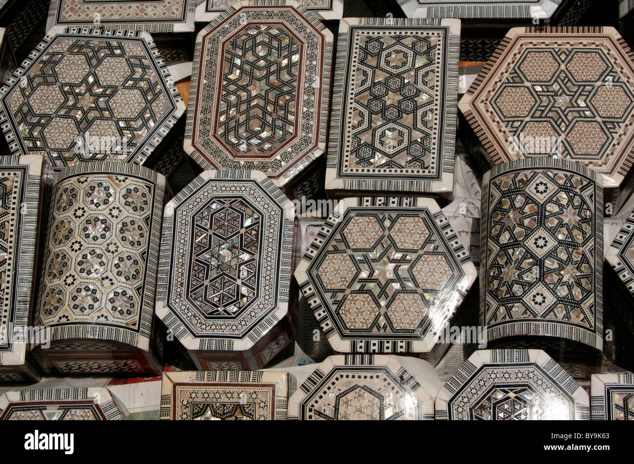 Mother of Pearl handcrafted boxes on a market stall in Cairo in Egypt Stock Photo