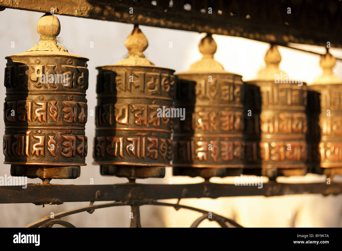 tibetan prayer wheels at monkey temple, Kathmandu, Nepal Stock Photo