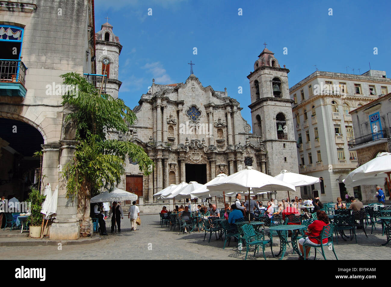 restaurant and cathedral in havana square Stock Photo