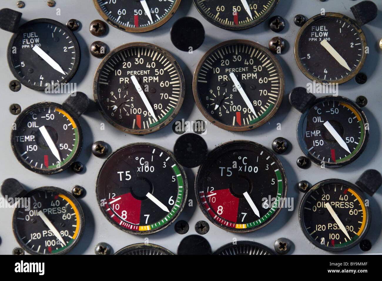 small airplane control board in cockpit Stock Photo