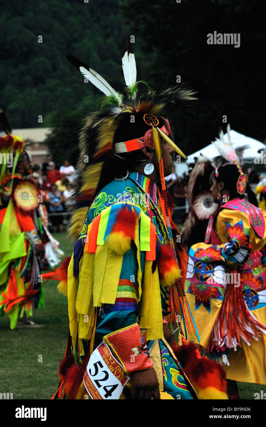 A dancer stands out in the crowd at the Cherokee Pow Wow in Cherokee