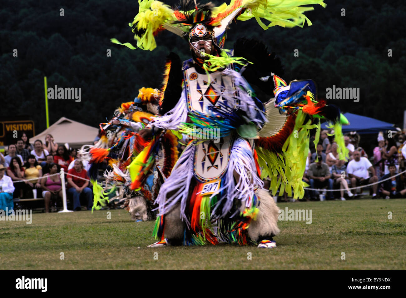 A fancy dancer strikes a pose during competitions at the Cherokee Pow