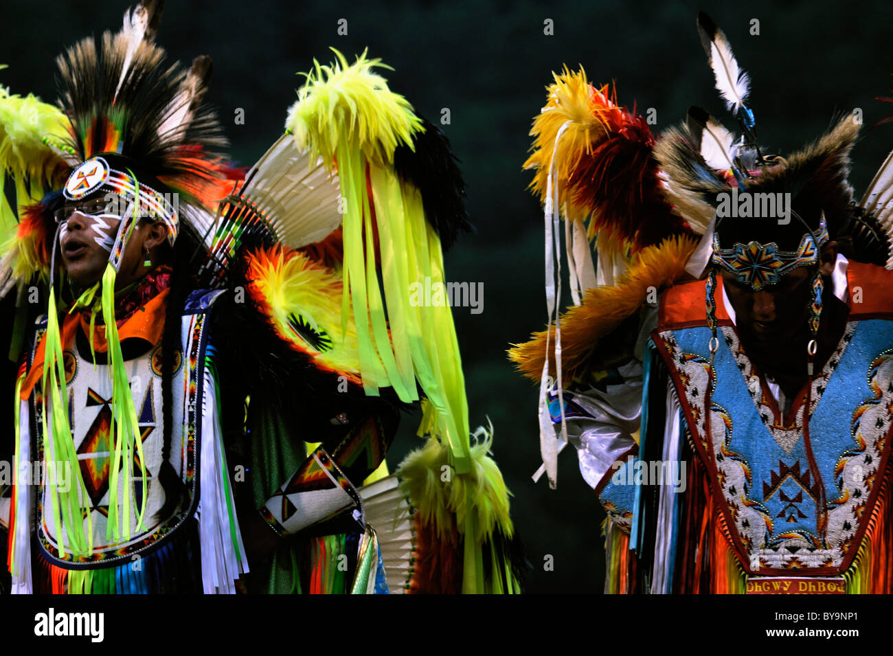 Fancy dancers stand together in full regalia during the annual Cheokee