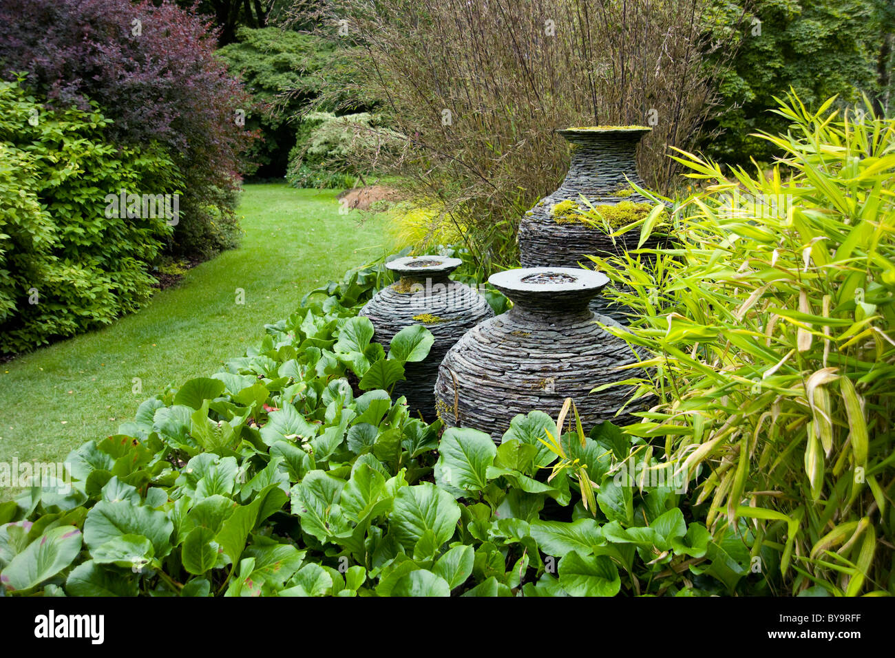 Composite stone vases, Threave Gardens, NTS, near Castle Douglas, Galloway Stock Photo