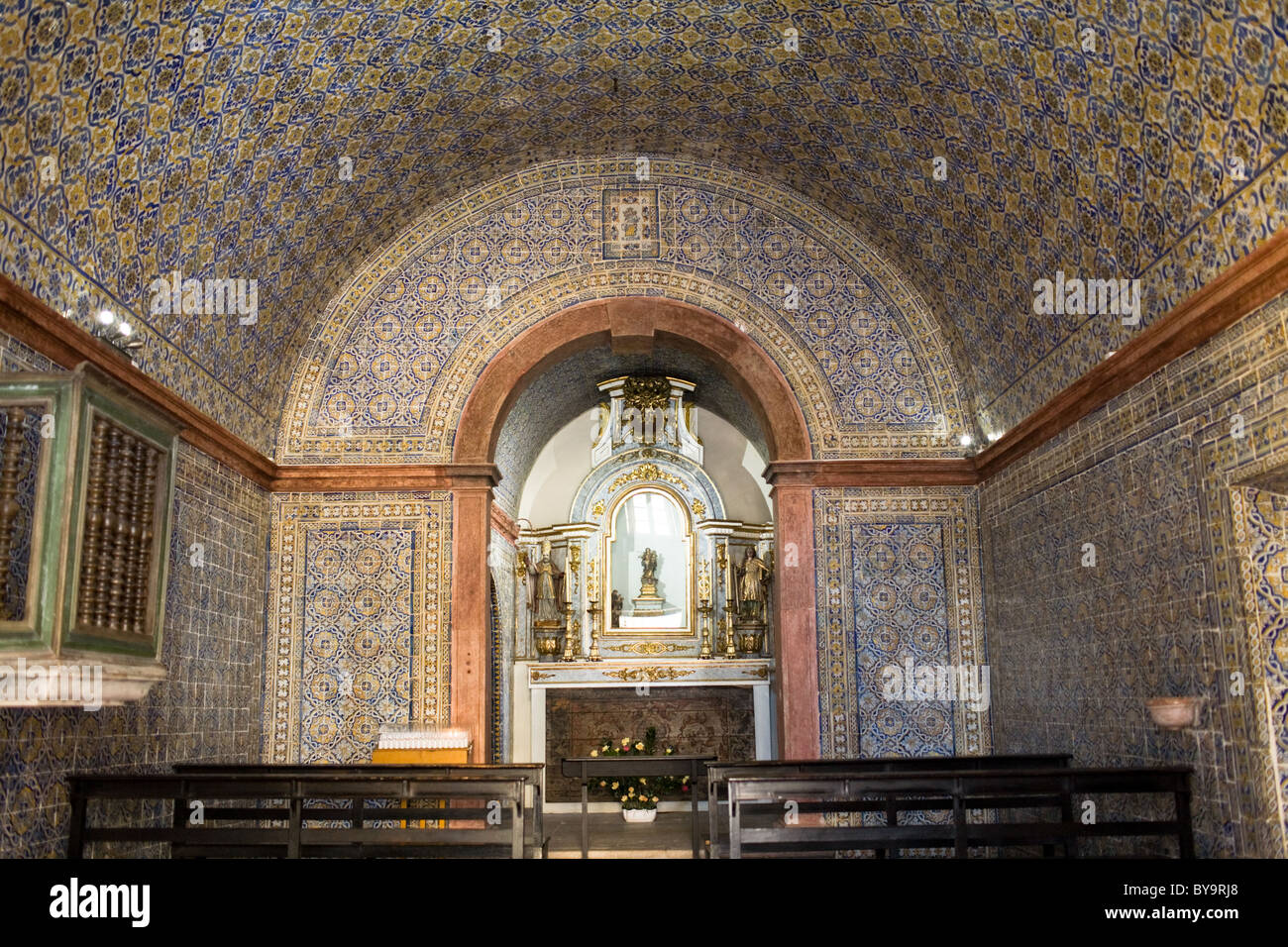 Fishermen's chapel in Ericeira, Portugal is lined with azulejos aka tiles Stock Photo
