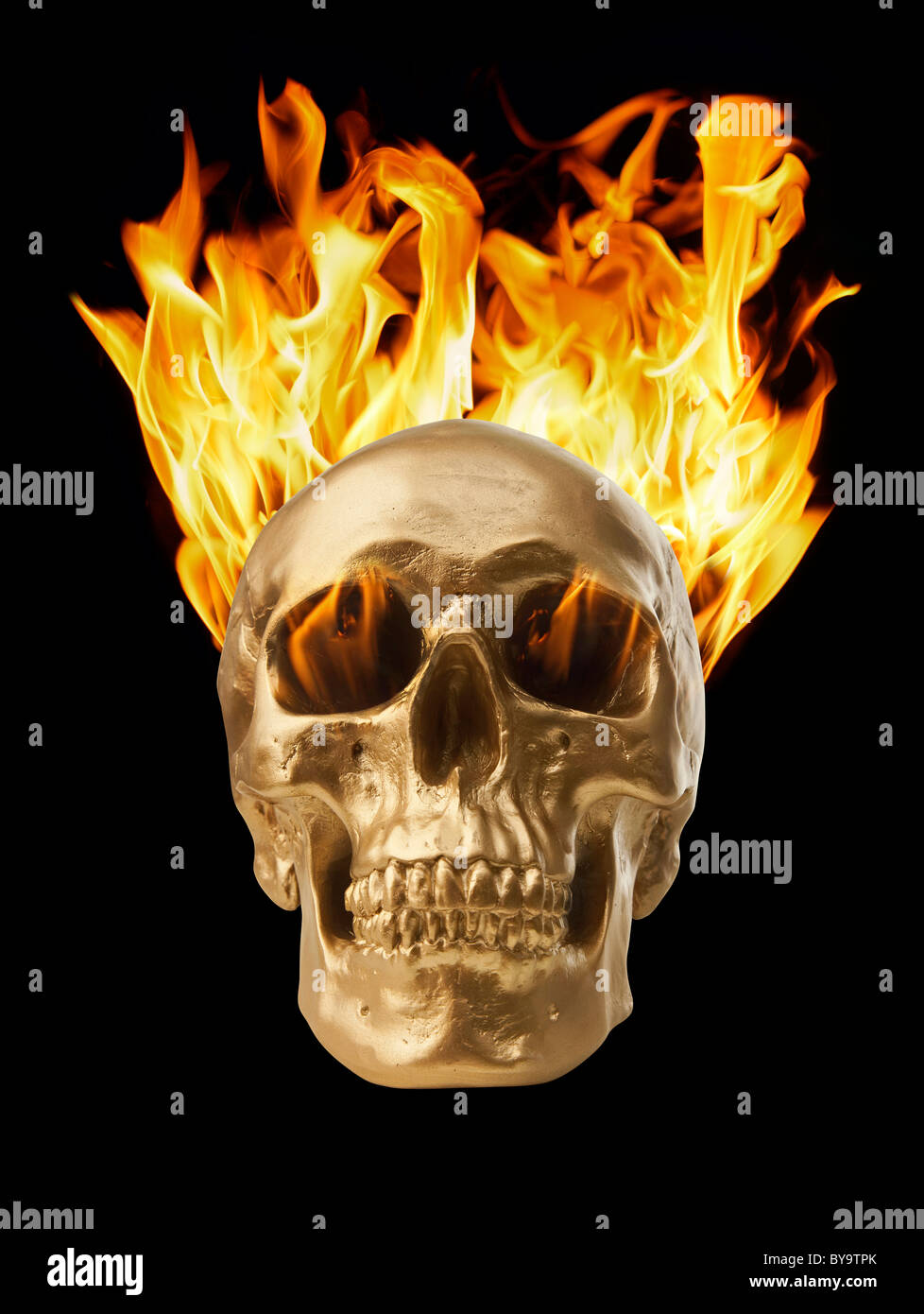 Golden skull with blazing fire Stock Photo