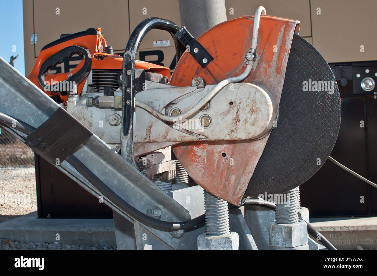 A Stihl Demolition saw sitting on a Ford truck bed. Stock Photo