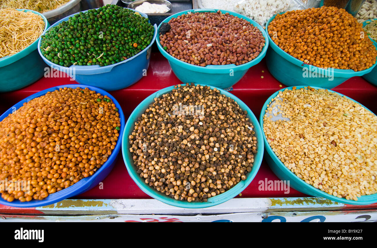 Indian salty snacks ( Namkeens ) are sold throughout India Stock Photo