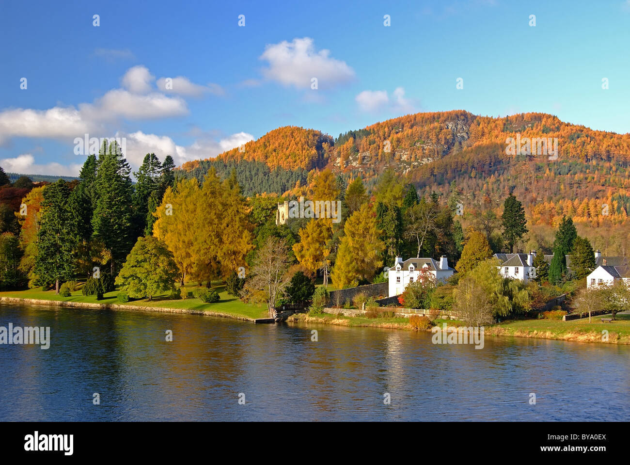 UK Scotland Tayside Perthshire River Tay at Dunkeld and Cathedral in autumn Stock Photo