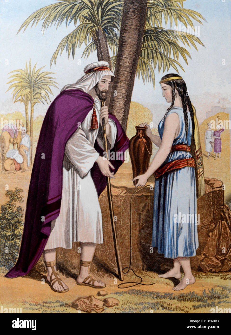 Bible Stories Painting of Rebekah in which she is offering water to Abraham's servant Eliezer Stock Photo