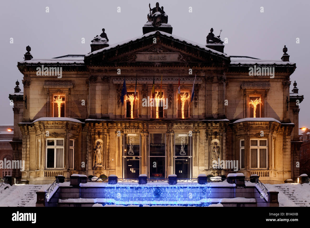 Bains, a historic spa building on Place Royal square, health spa, Ardennes region, Liège province, Wallonia region, Belgium Stock Photo