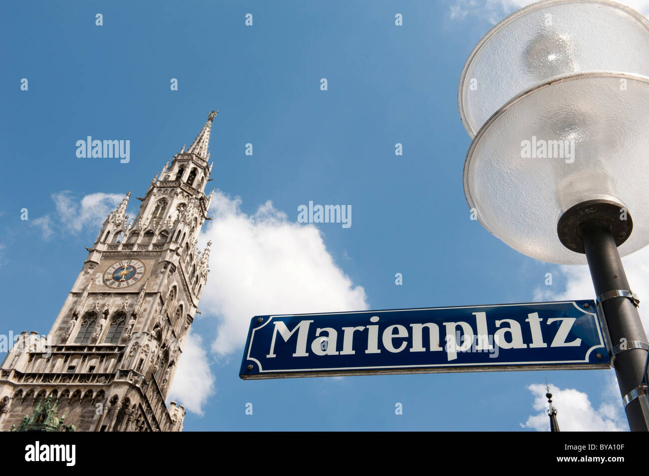 Marienplatz square, street sign, town hall tower, Munich, Upper Bavaria, Bavaria, Germany, Europe Stock Photo