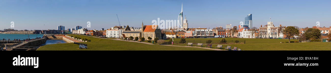 Panorama of Portsmouth with Royal Garrison Church, Domus Dei, Spinnaker Tower, King's Bastion moat and Waterfront Millennium Stock Photo