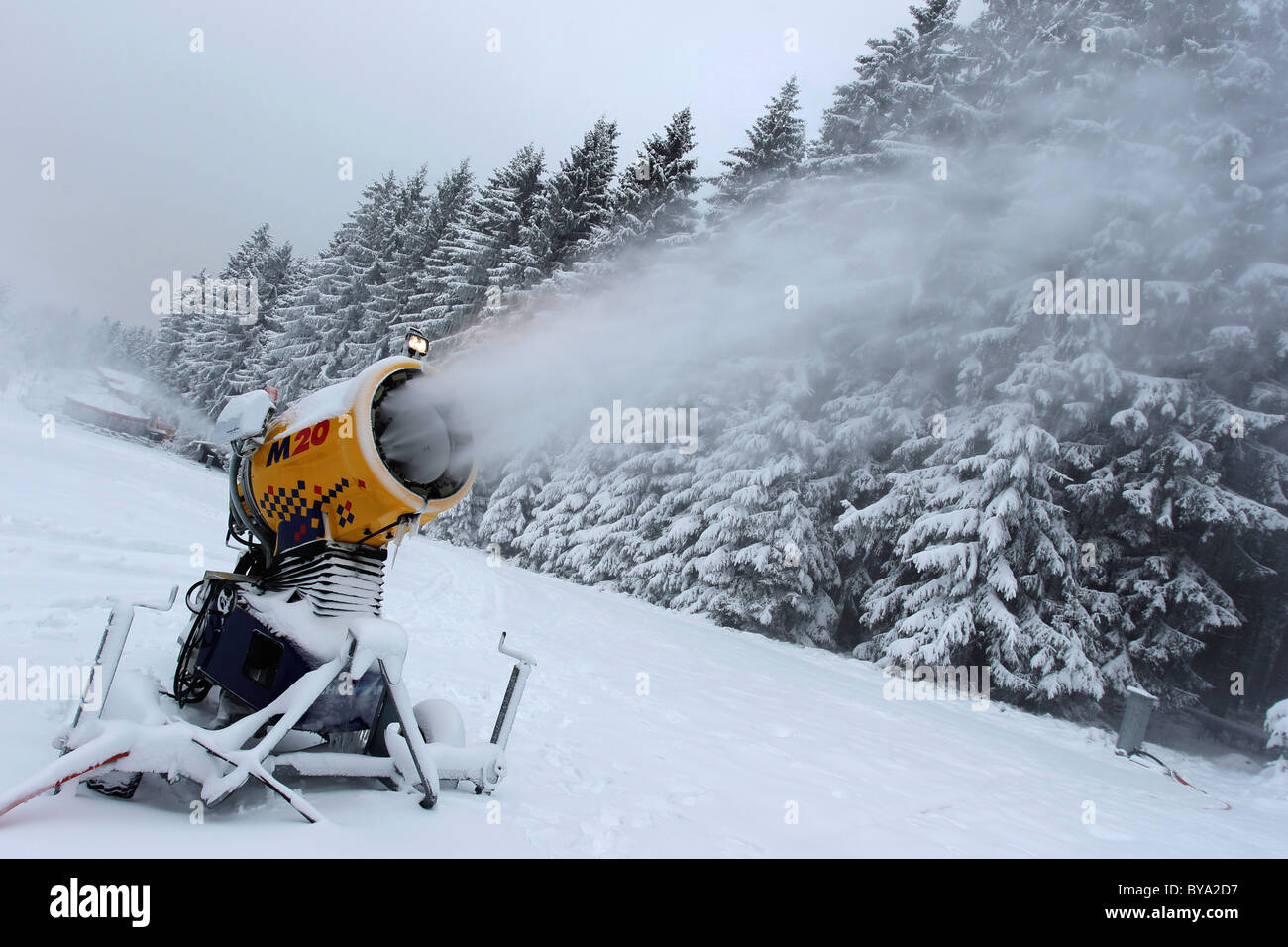 Snow cannon on Erbeskopf mountain near Morbach in the Hunsrueck mountain range, Rhineland-Palatinate, Germany, Europe Stock Photo