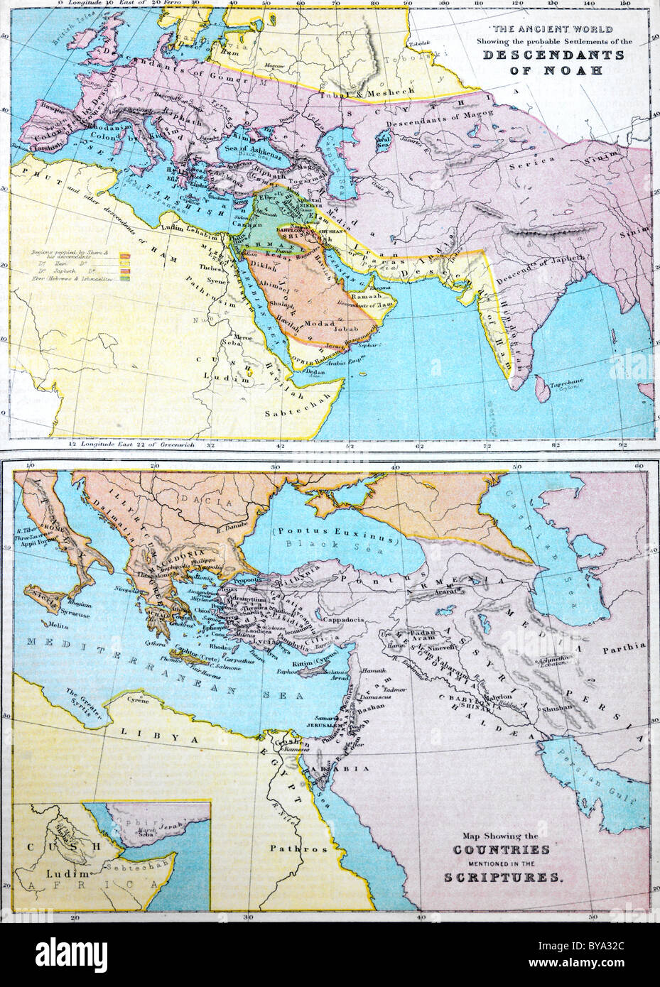 Map Of The Ancient World Showing The Probable Settlements Of The Descendants Of Noah In A Bible Stock Photo