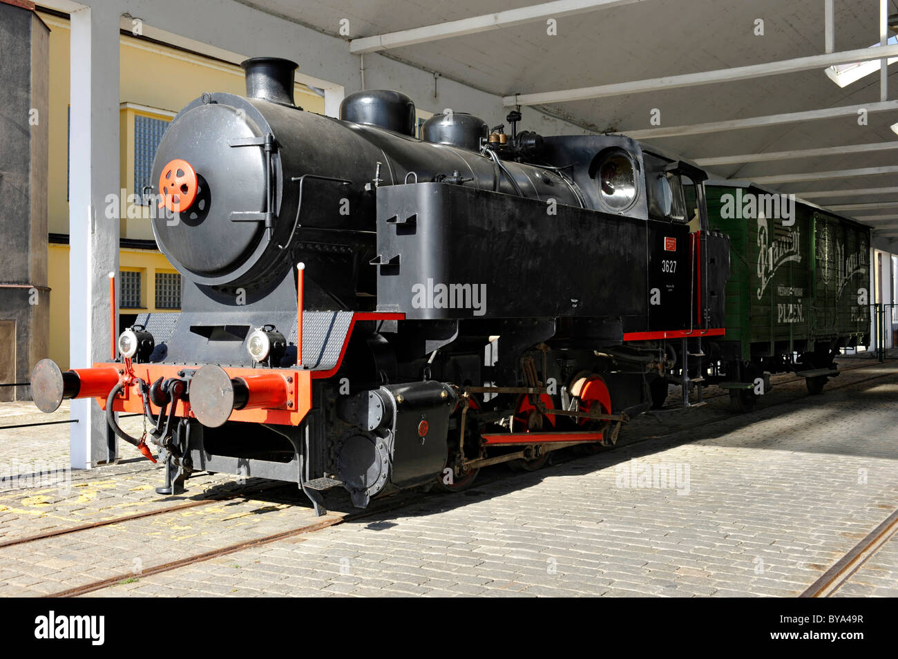 Shipping station, beer transport with a historic steam locomotive from 1957, Pilsner Urquell brewery, Pilsen, Bohemia Stock Photo
