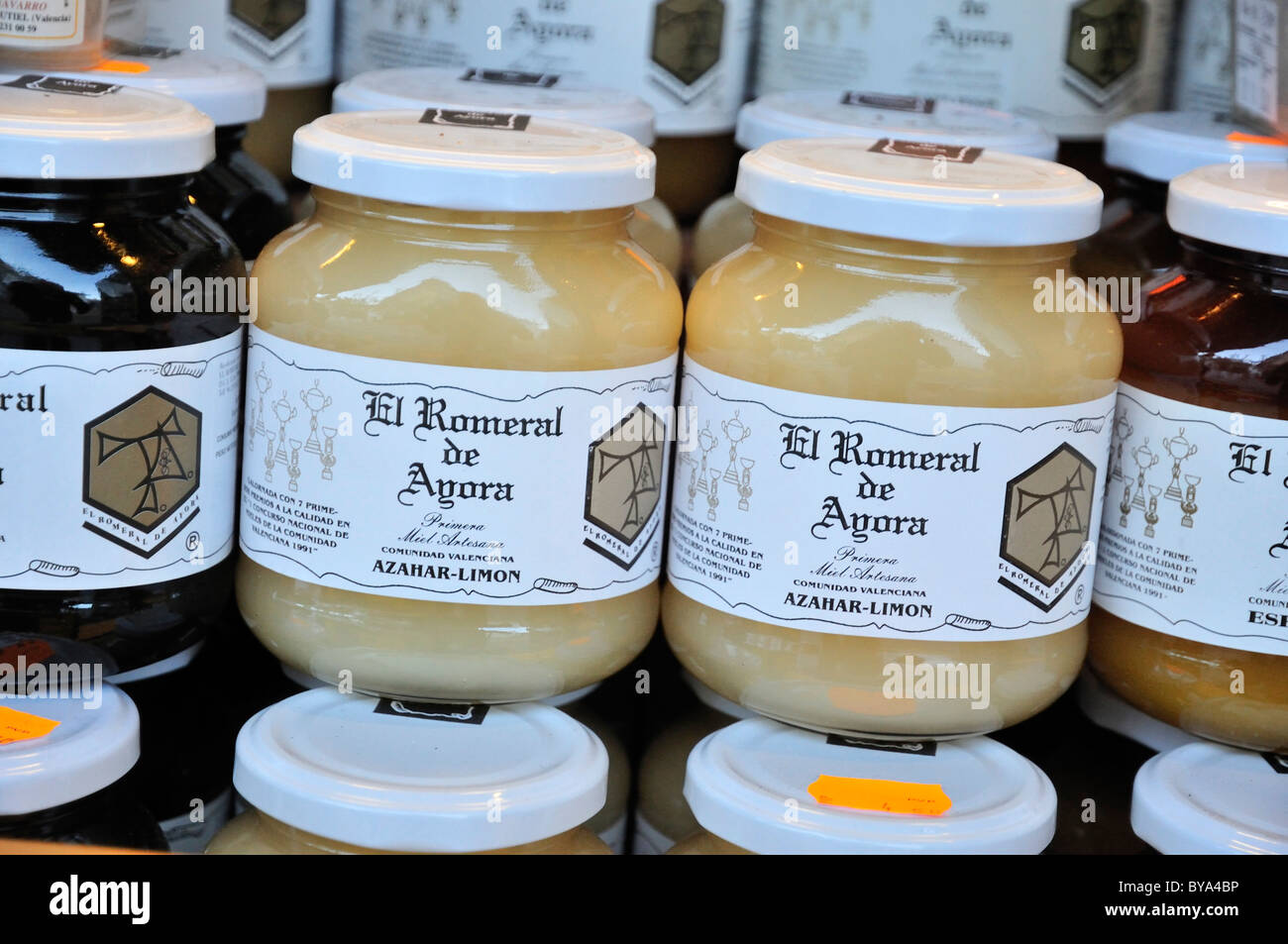 Honey jars in a shop, Guadalest, Costa Blanca, Spain, Europe Stock Photo