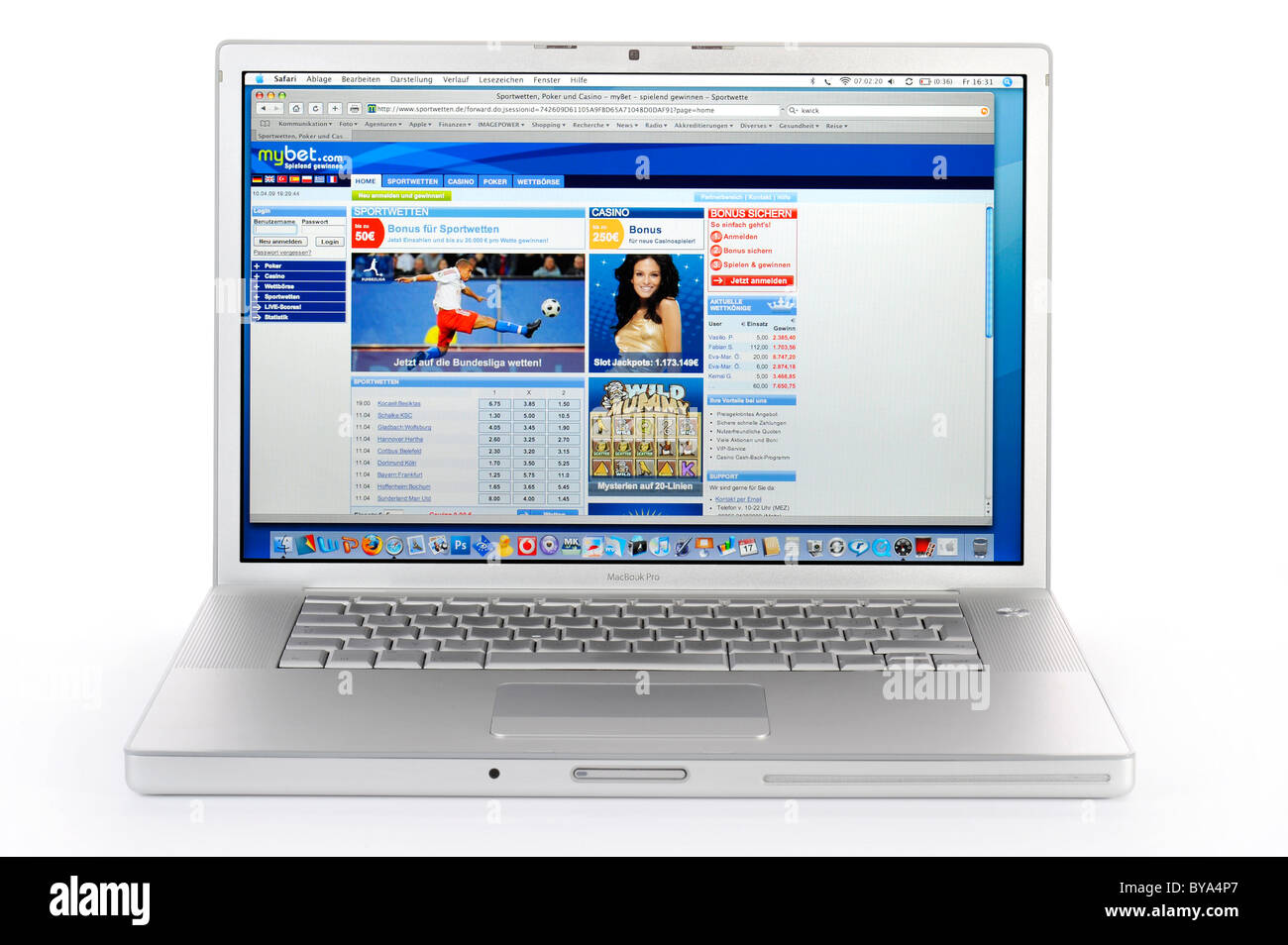 MyBet online betting portal on a notebook display, dock, menu bar Stock Photo