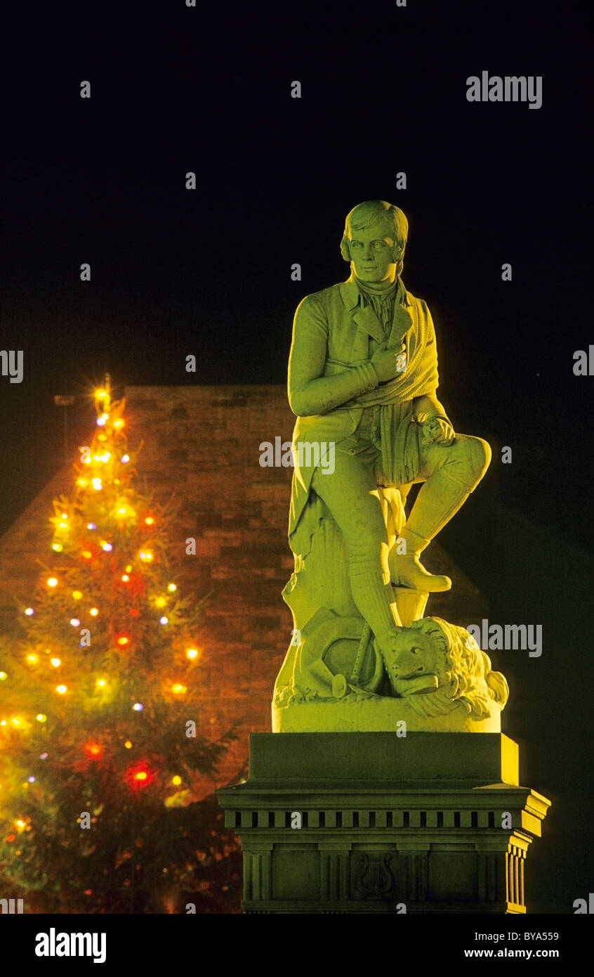 Statue of Robert Burns and Christmas tree in Dumfries Town centre Stock