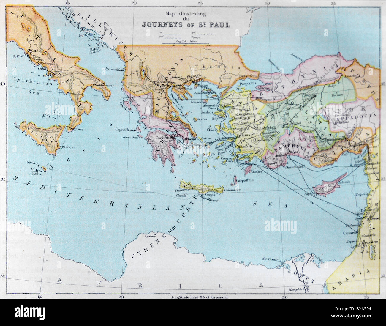 Map In Old Bible Illustrating The Journeys Of Saint Paul Stock Photo ...