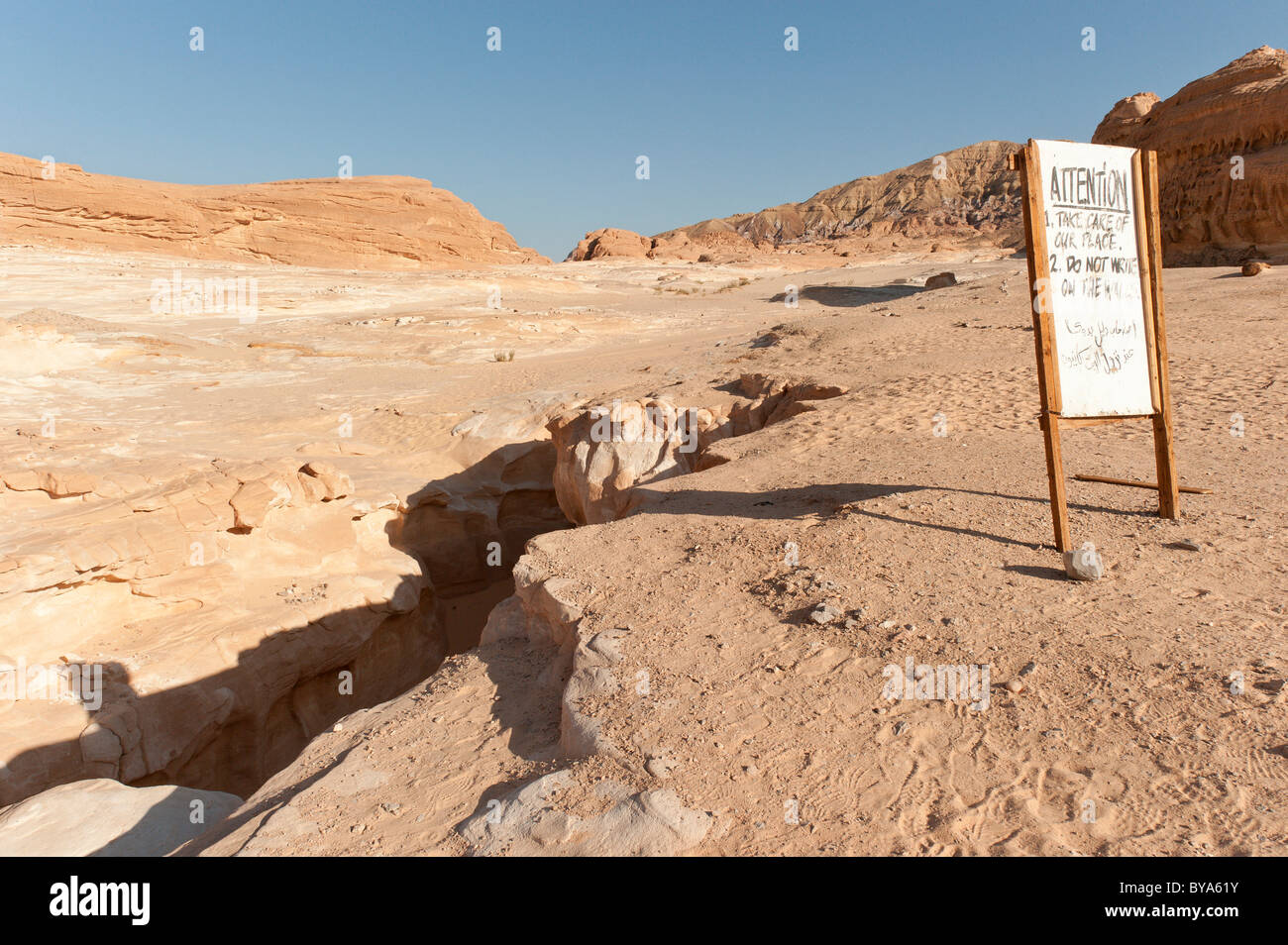 Information board at the entrance to the White Canyon, Sinai, Egypt, North Africa Stock Photo