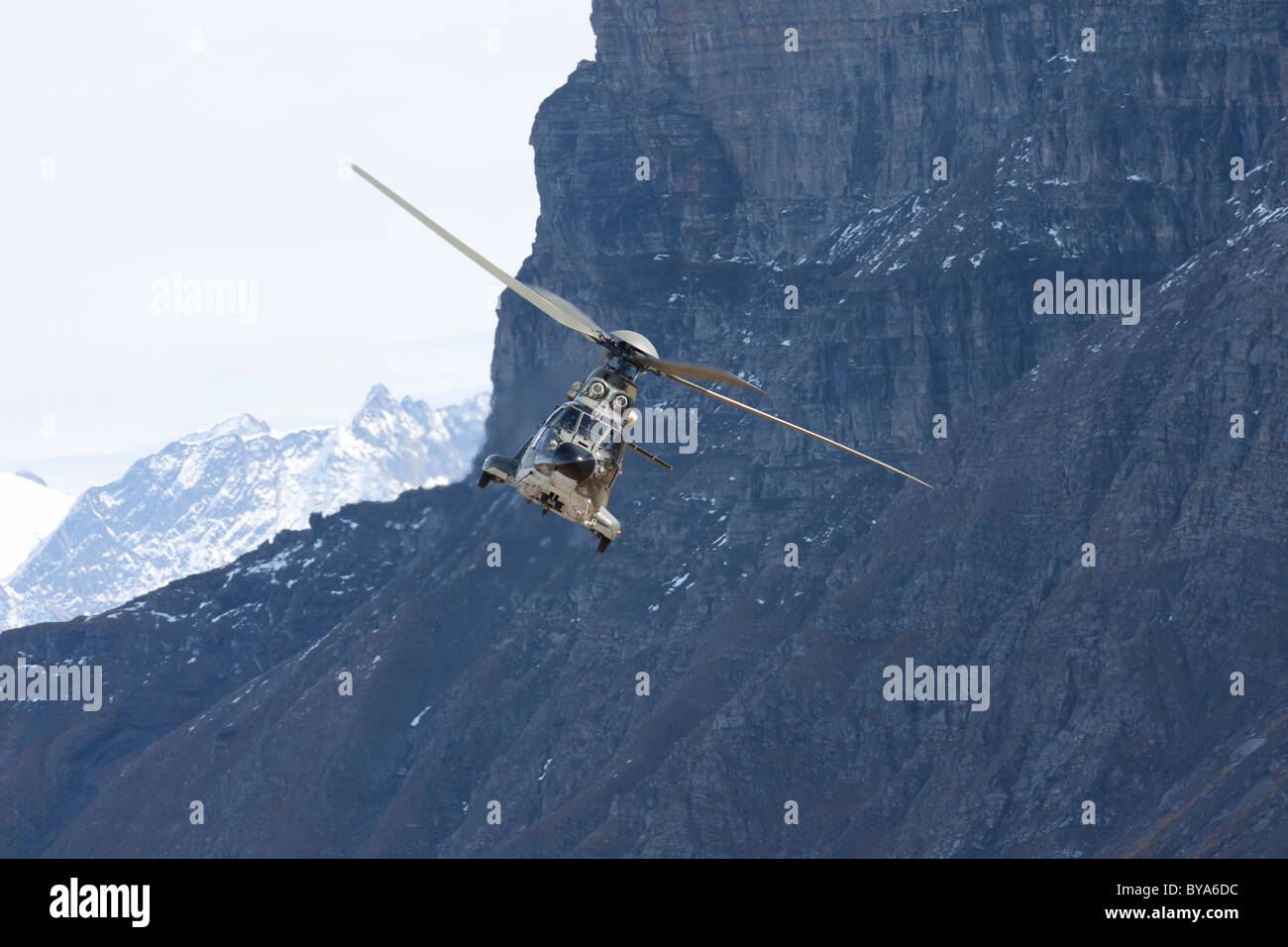 The Swiss military helicopter Cougar in front of a rock wall, mountain-air show of the Swiss Air Force at Axalp, Ebenfluh Stock Photo
