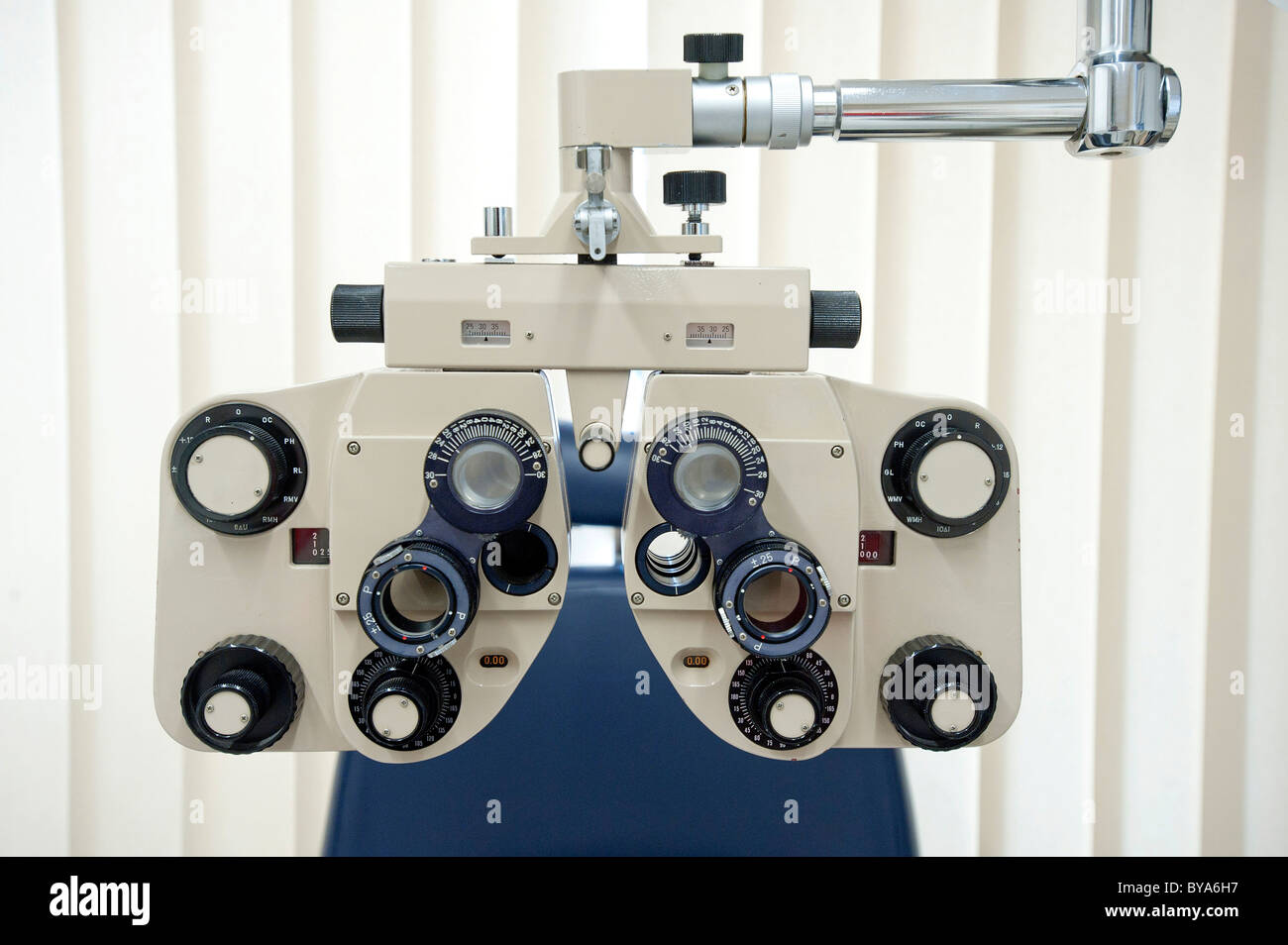 Optician's equipment to control eyes, preliminary examination of the eyes for the fitting of contact lenses Stock Photo