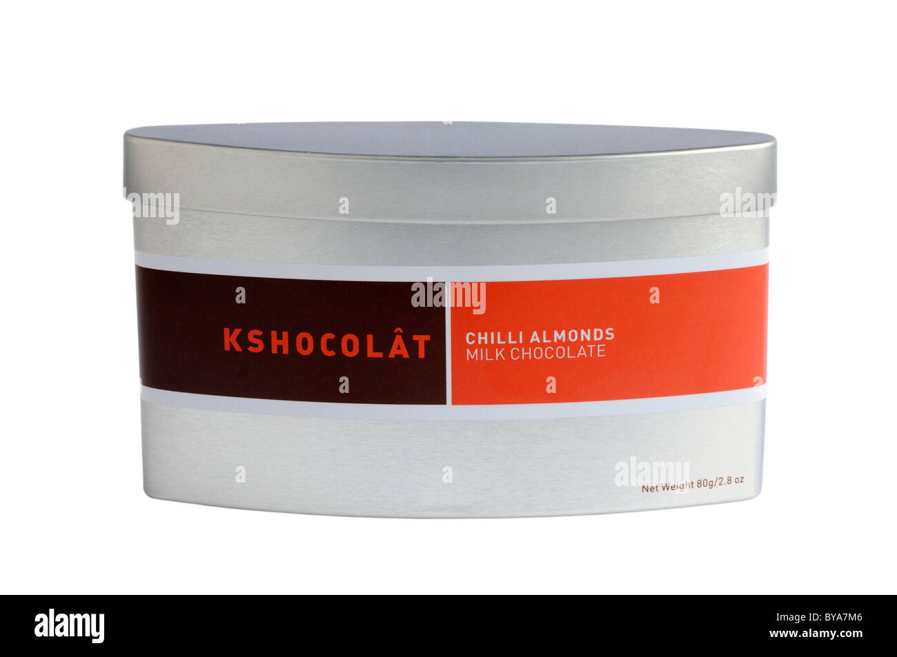A tin of Kshocolat milk chocolate chilli almonds Stock Photo