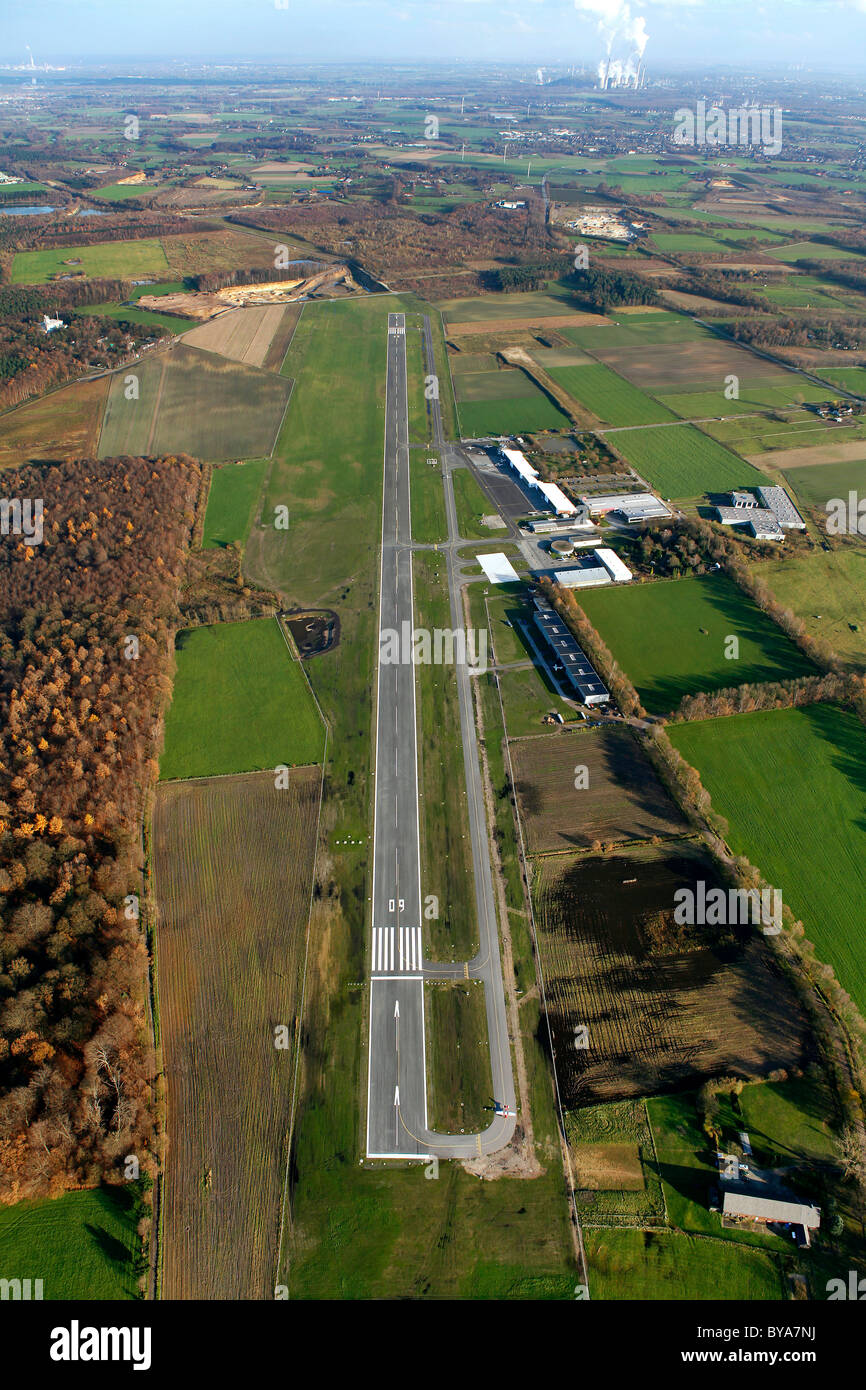 Aerial view, runway extension, runway 09, Airport Dinslaken Schwarze Heide, General Aviation, Kirchheller Heide Stock Photo