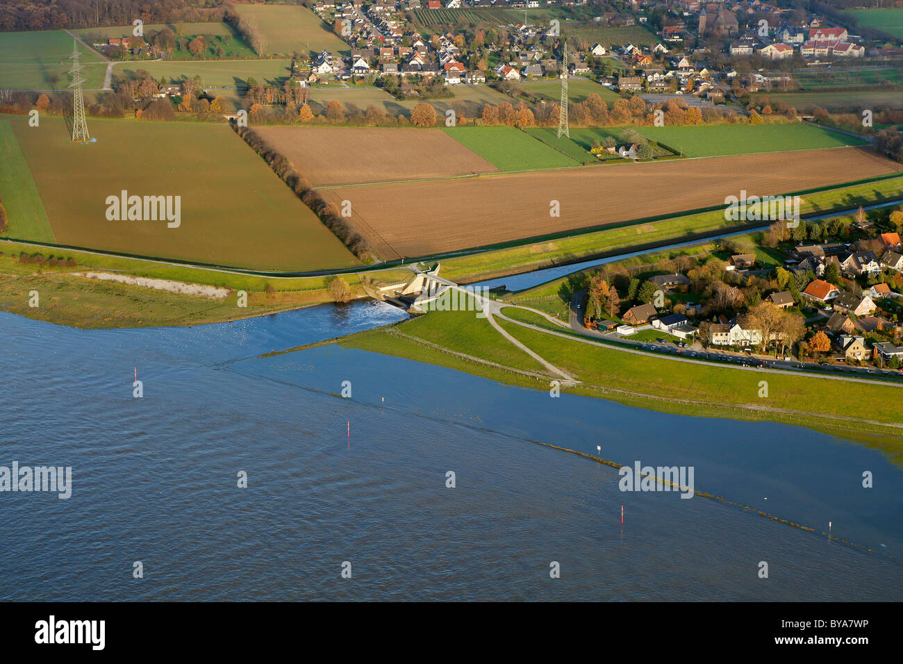 Aerial view, Emscher river estuary, Rhine river, flood, Dinslaken, Ruhrgebiet region, North Rhine-Westphalia, Germany, Europe Stock Photo