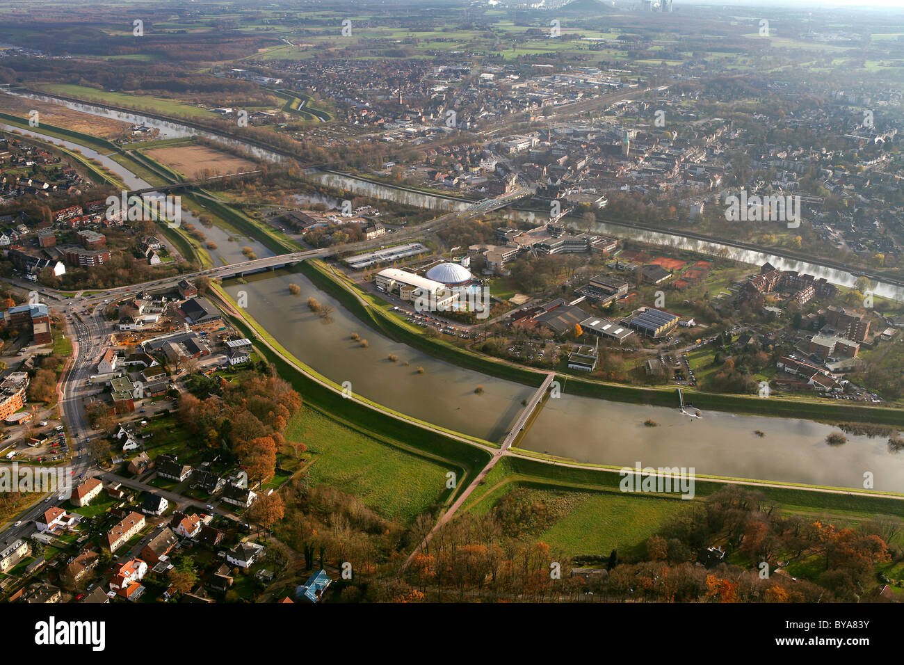 Aerial view, Dorsten, Wesel-Datteln-Kanal cannel, canal bridges, Lippe river, floods, dyke, Ruhrgebiet region Stock Photo
