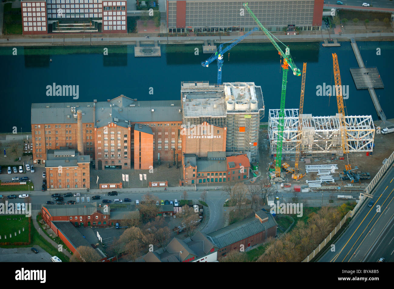 Aerial view, Innenhafen harbor, Museum Kueppersmuehle, controversial remodelling, Duisburg, Ruhrgebiet region Stock Photo