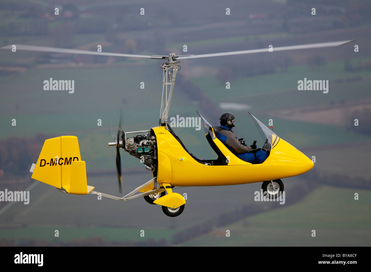 Aerial view, yellow gyrocopter, helicopter over the Muensterland area