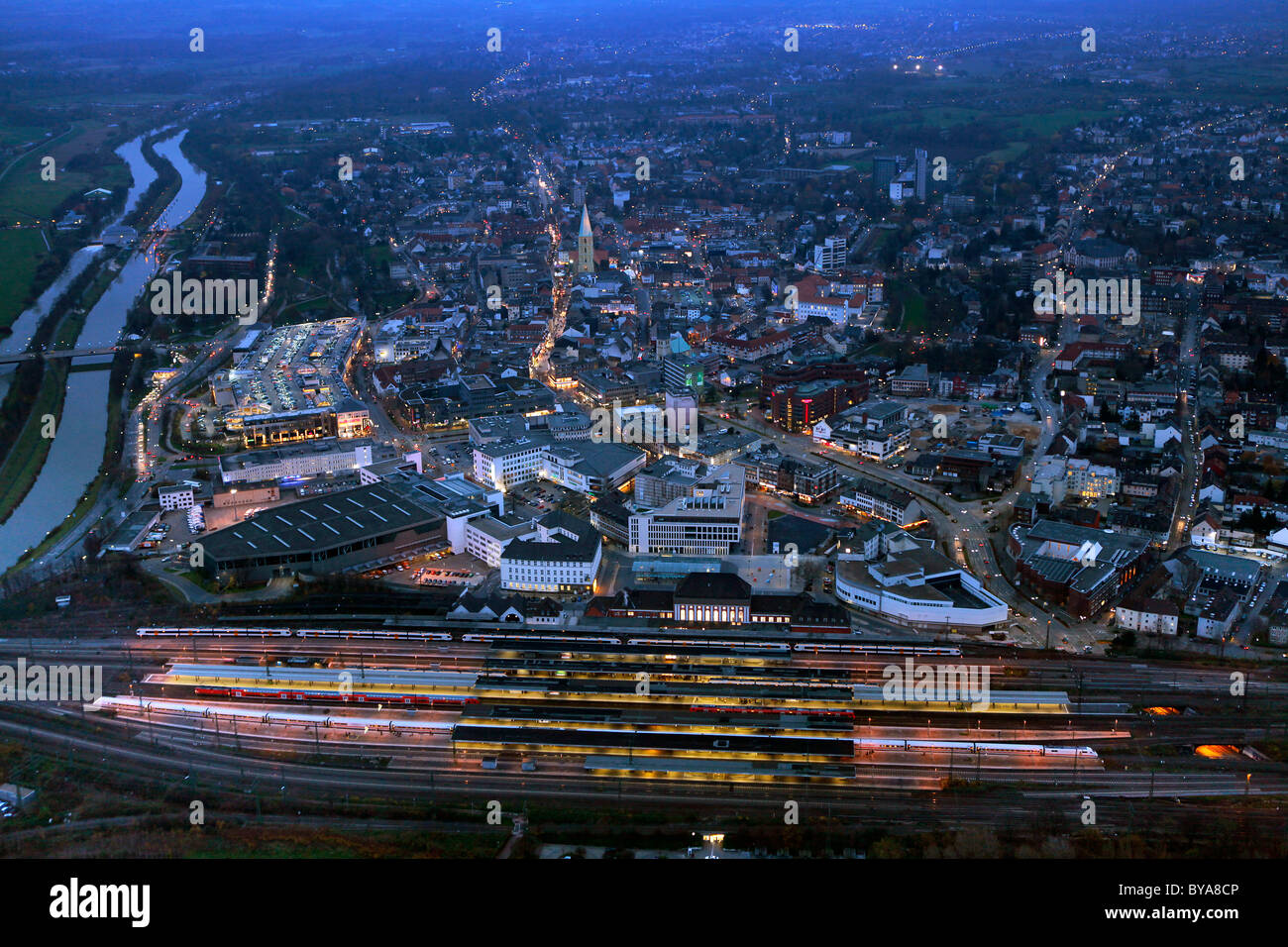 Aerial view, Allee-Center mall at night, central station, Hamm, Ruhrgebiet region, North Rhine-Westphalia, Germany, Europe Stock Photo