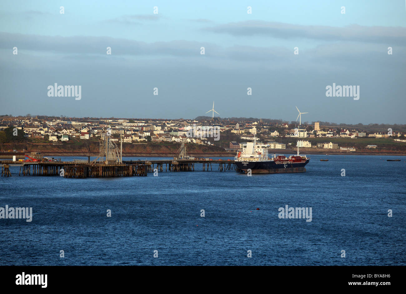 South Hook jetty and Milford Haven as seen from Angle, Pembrokeshire Stock Photo