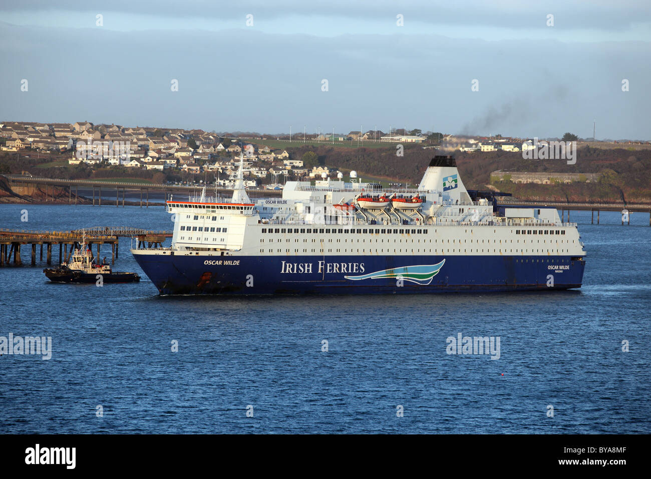 Irish Ferries passenger ship Oscar Wilde departing from Pembroke Dock, as seen from Angle