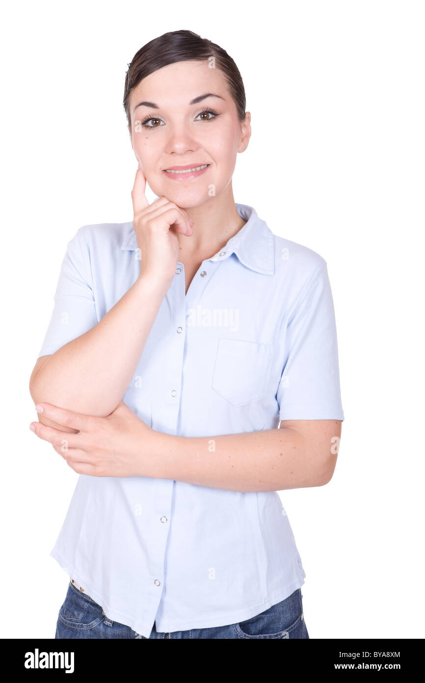 young brunette woman isolated over white background Stock Photo - Alamy