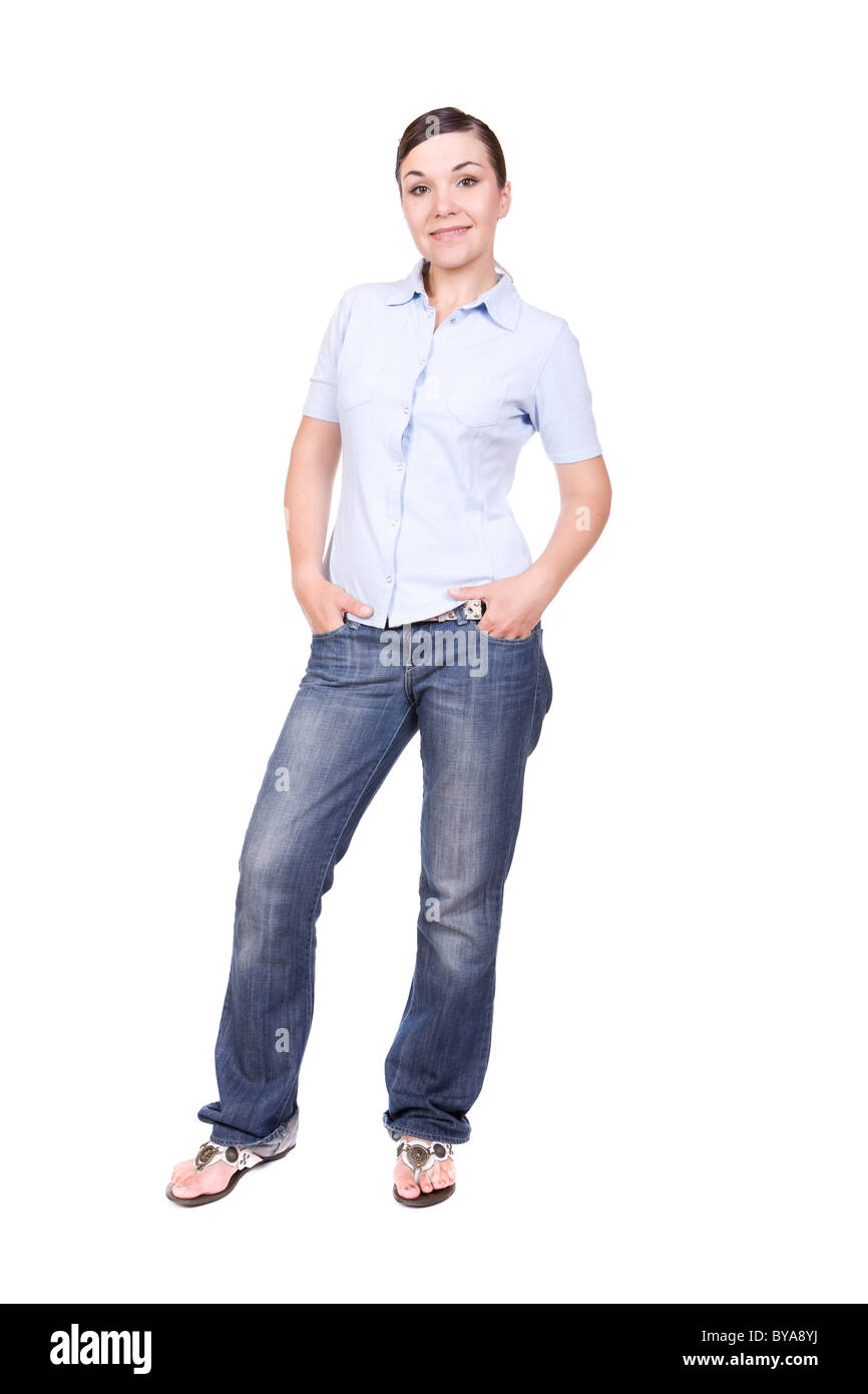 young brunette woman isolated over white background Stock Photo - Alamy