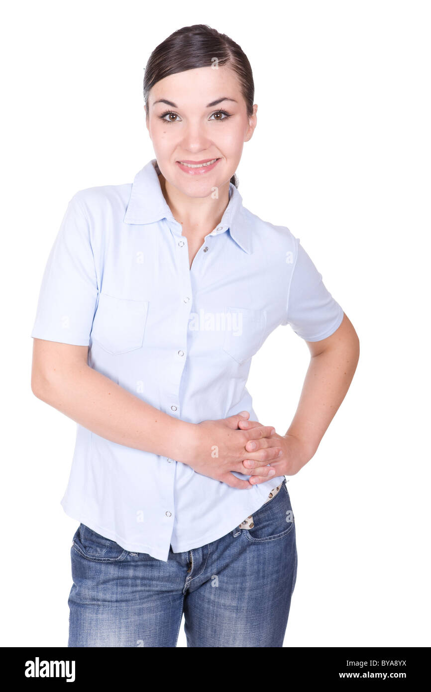 young brunette woman isolated over white background Stock Photo - Alamy