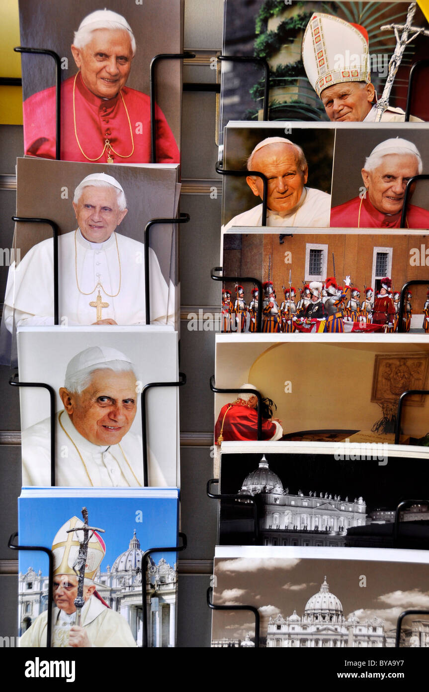 Postcards with popes Benedict XVI and John Paul II, Vatican city, Rome, Lazio, Italy, Europe Stock Photo