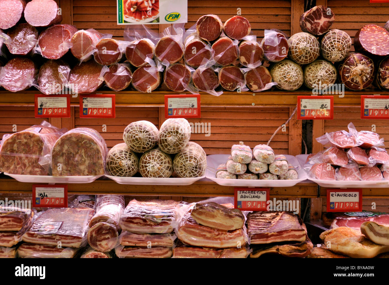 Salami and ham counter in the supermarket, Rome, Lazio, Italy, Europe Stock Photo