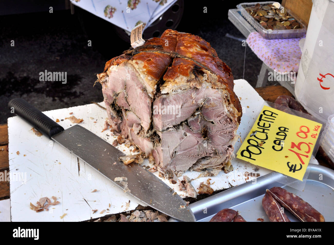 Food stand with the Porchetta pork specialty, weekly market, Rome, Lazio, Italy, Europe Stock Photo