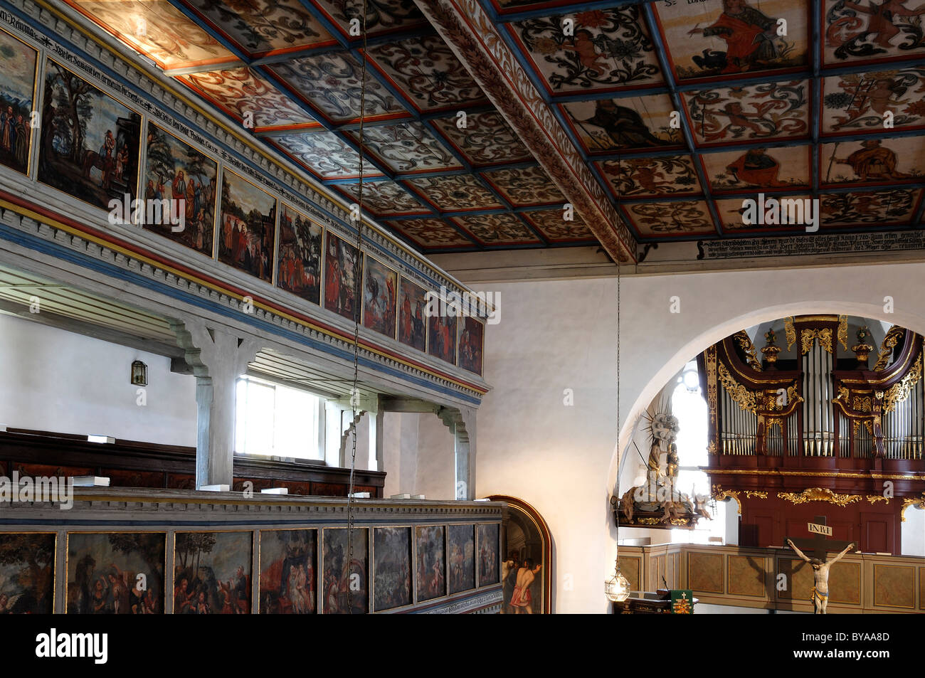 Interior With Painted Coffered Ceiling Organ And Altar Of