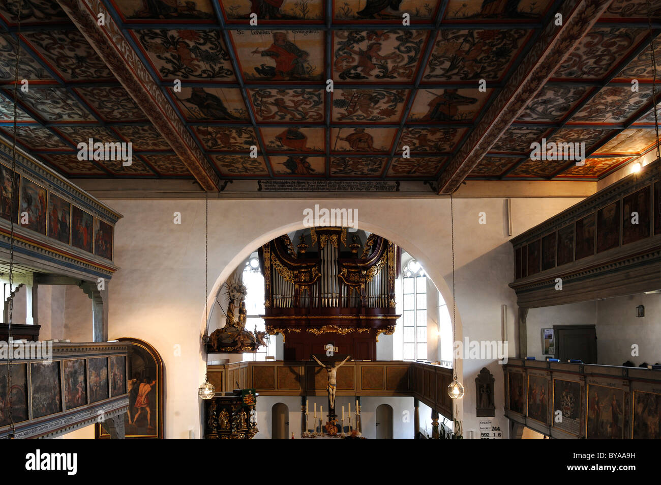 Interior With Painted Coffered Ceiling Organ And Altar Of