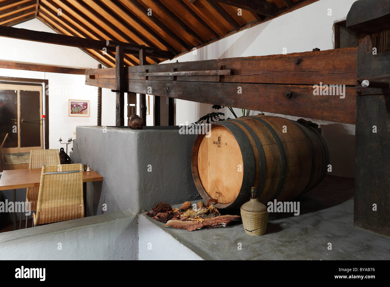 Restaurant with a wine press, Hotel Anaterve, Vallehermoso, La Gomera, Canary Islands, Spain, Europe Stock Photo