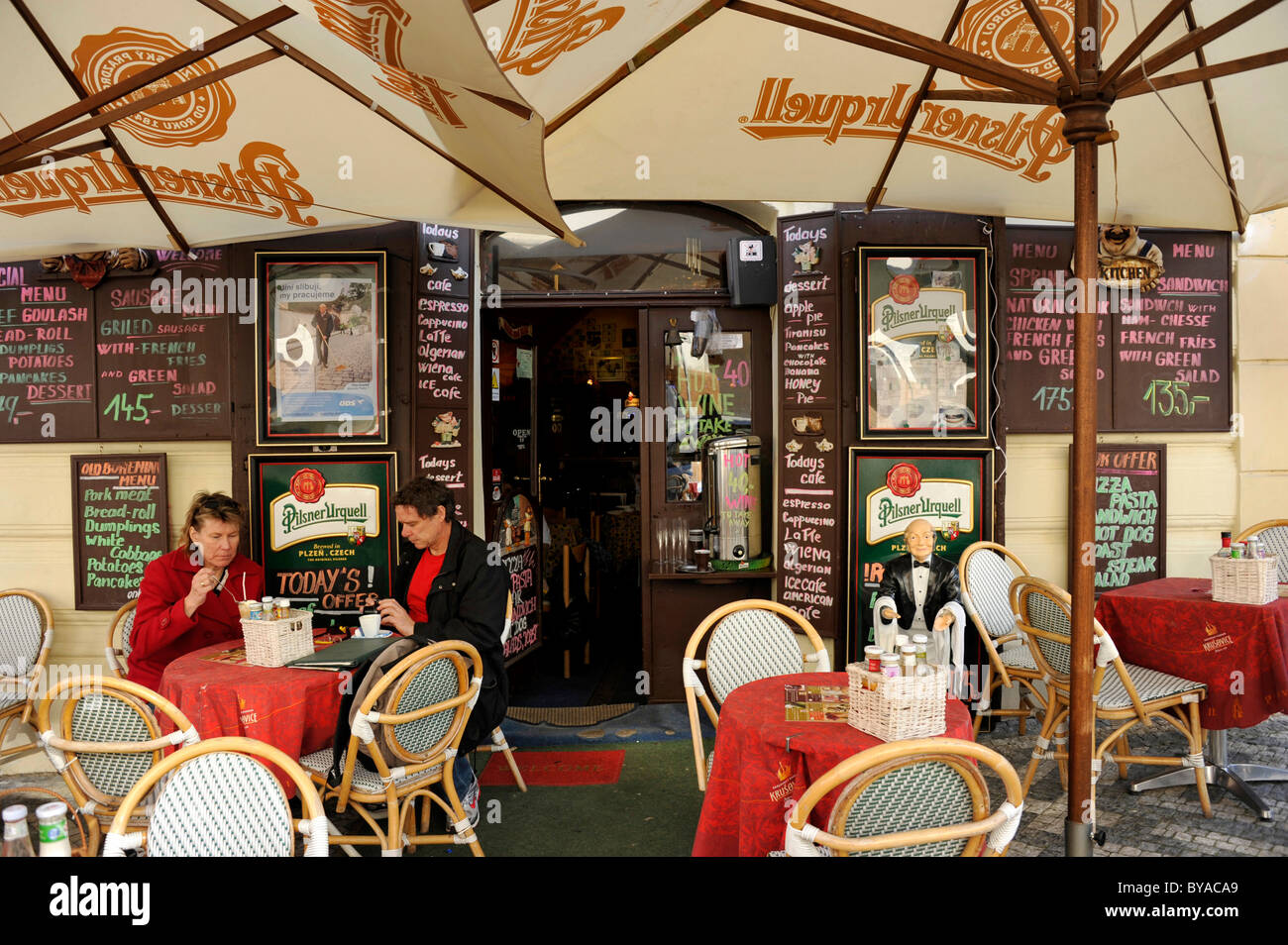 Restaurant, sidewalk cafe, Hradcany Square, Prague Castle, Prague, Bohemia, Czech Republic, Europe Stock Photo