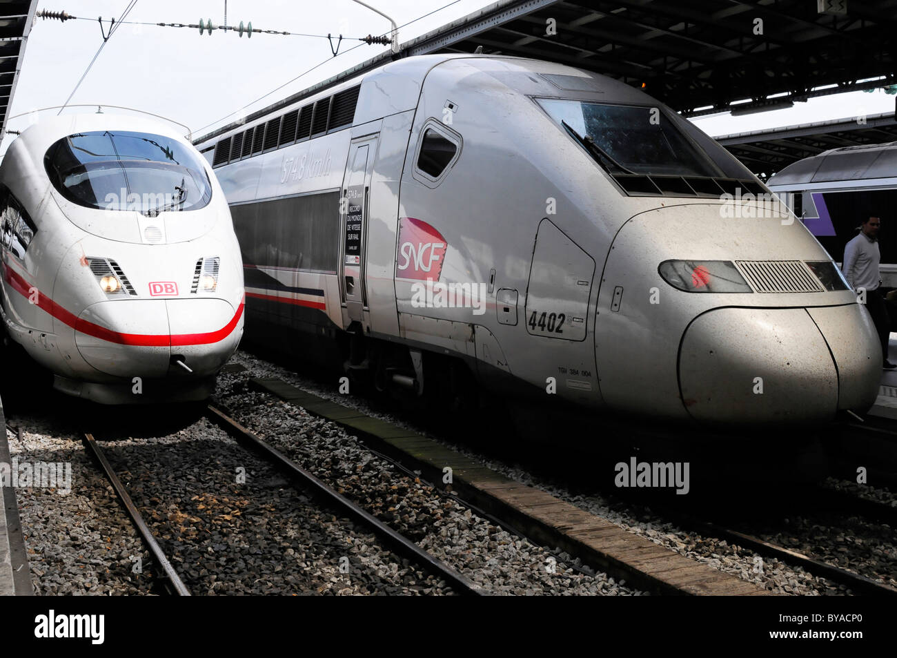 TGV, France's high-speed train and a ICE Intercity-Express train, Gare de I'Est, Paris East station, France, Europe Stock Photo