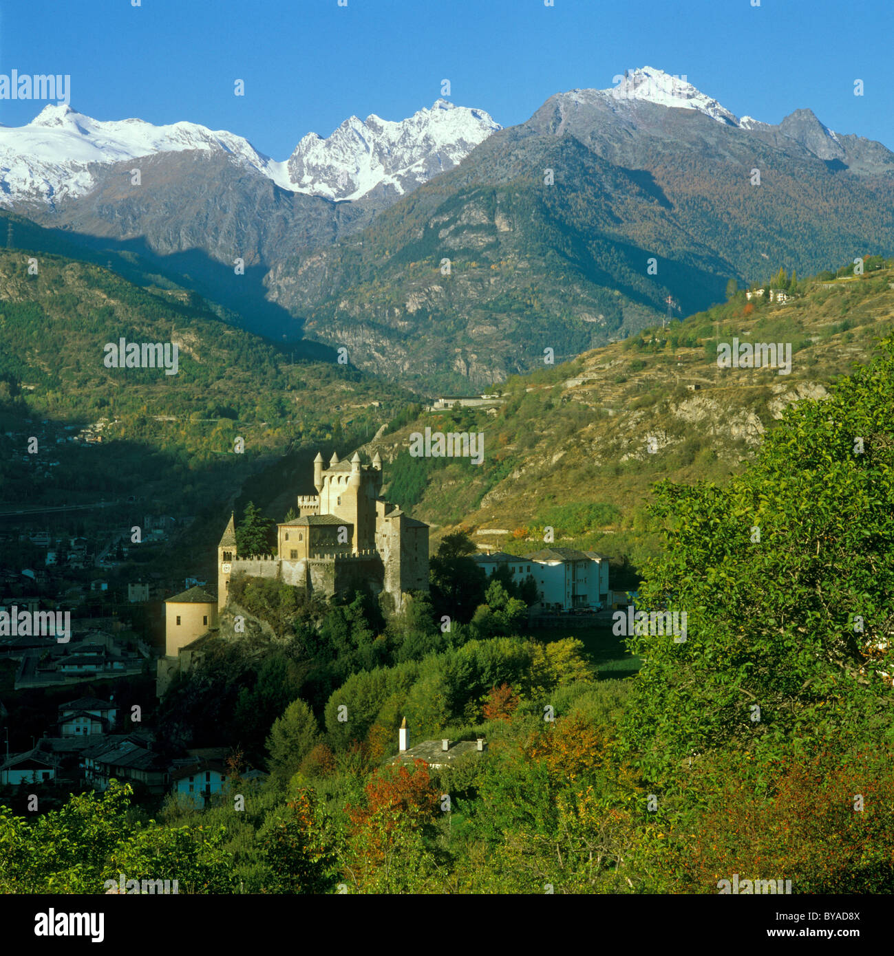 Saint Pierre Castle in front of the Montblanc range, Aosta Valley, Italy, Europe Stock Photo