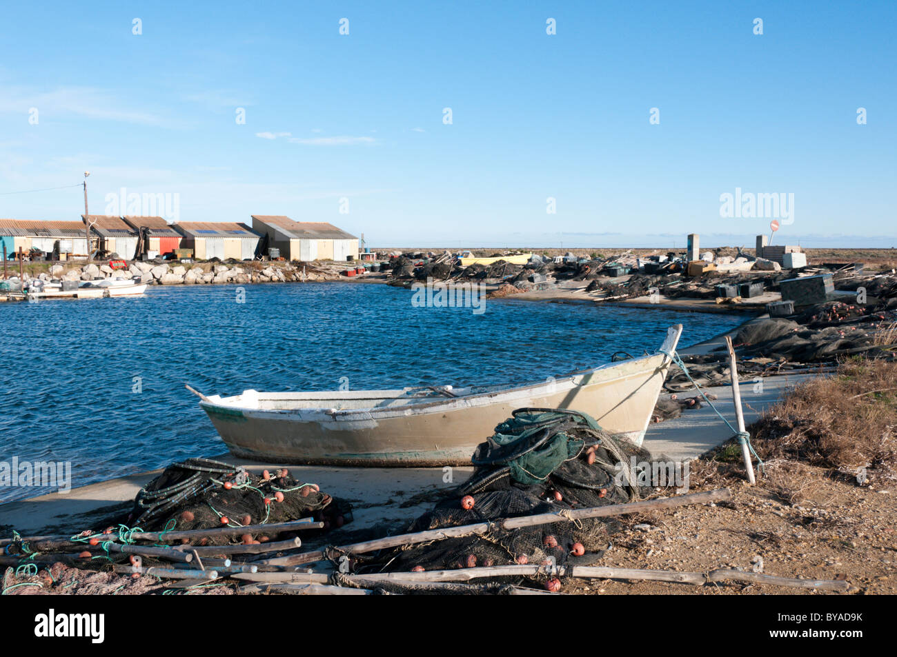 Fishing harbour on the Etang de l'Ayrolle south of Narbonne in southern France. Stock Photo